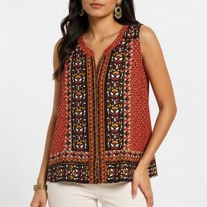 Calypso St Barth Tank Top Women's Small Ethnic Folk Print Front Button 100% Silk